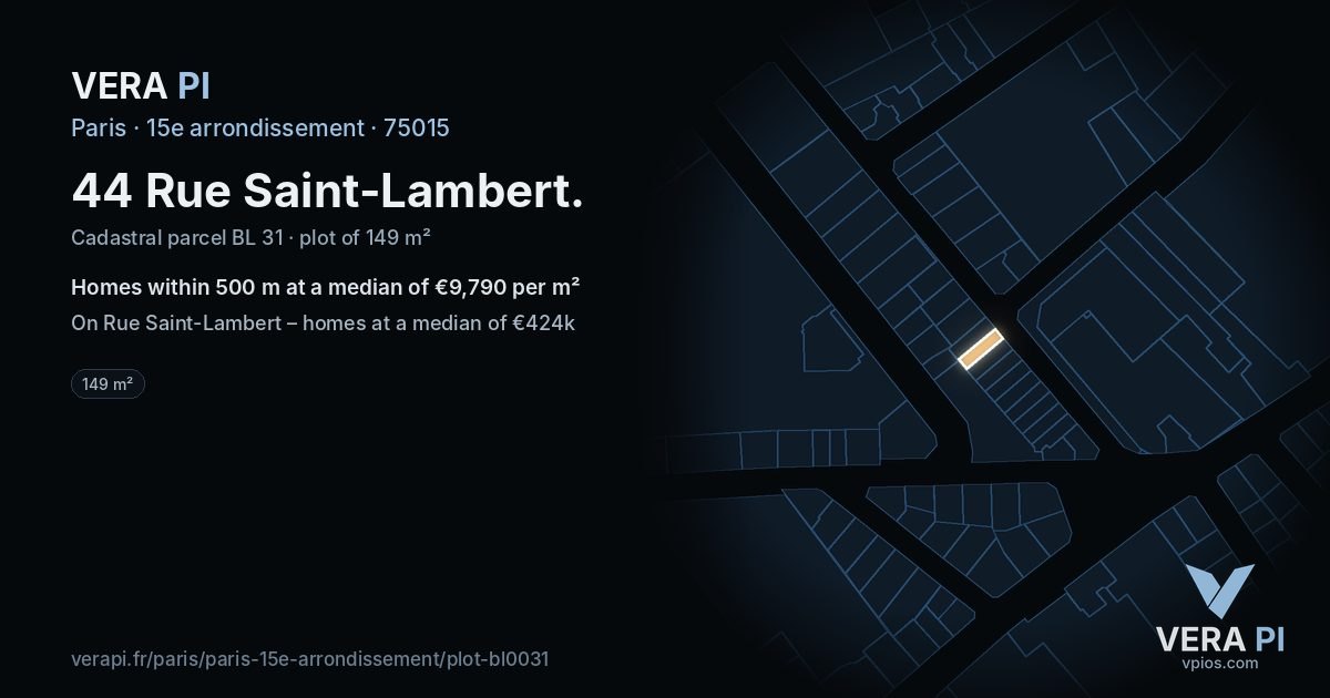 44 Rue Saint-Lambert, 15e arrondissement at night – the plot lit, the parcels around coloured by the prices near them