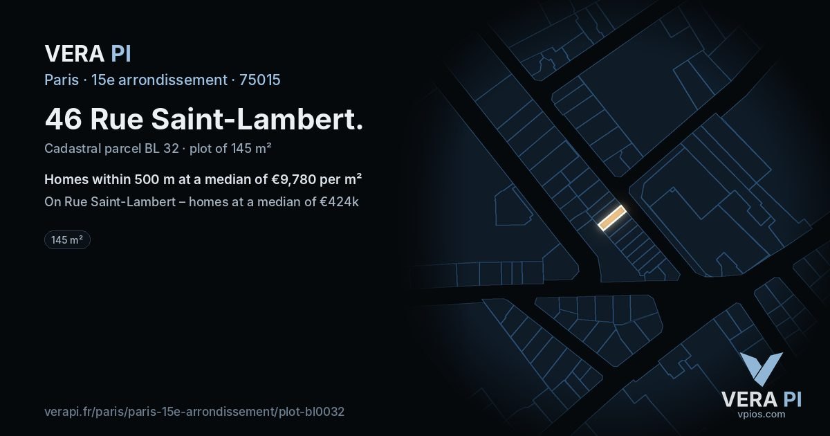 46 Rue Saint-Lambert, 15e arrondissement at night – the plot lit, the parcels around coloured by the prices near them