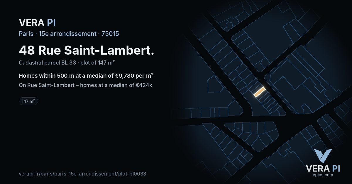 48 Rue Saint-Lambert, 15e arrondissement at night – the plot lit, the parcels around coloured by the prices near them