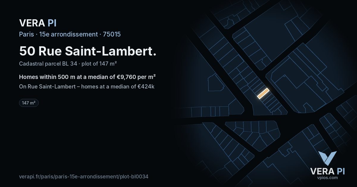 50 Rue Saint-Lambert, 15e arrondissement at night – the plot lit, the parcels around coloured by the prices near them