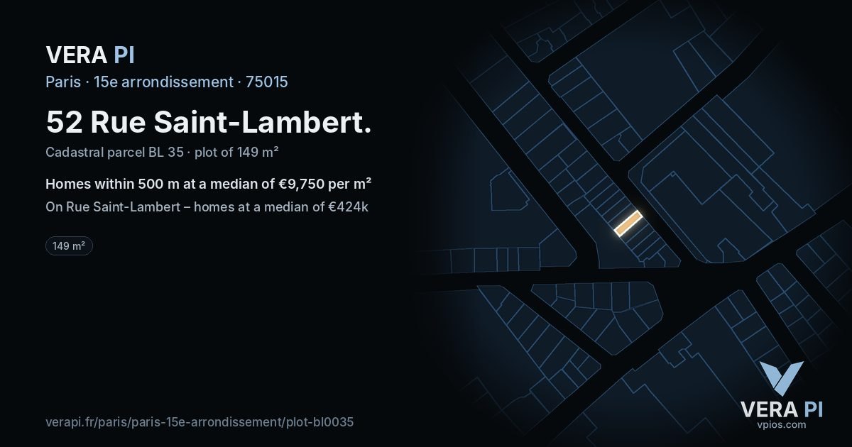 52 Rue Saint-Lambert, 15e arrondissement at night – the plot lit, the parcels around coloured by the prices near them