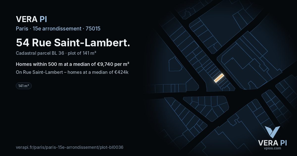 54 Rue Saint-Lambert, 15e arrondissement at night – the plot lit, the parcels around coloured by the prices near them