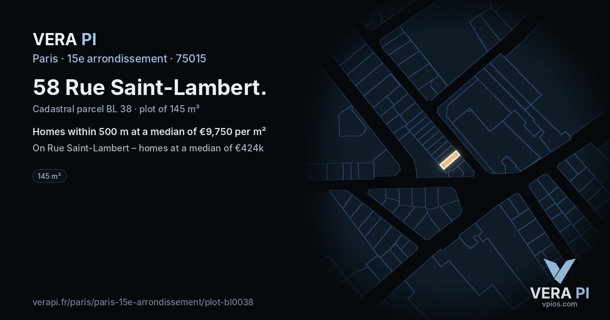 58 Rue Saint-Lambert, 15e arrondissement at night – the plot lit, the parcels around coloured by the prices near them