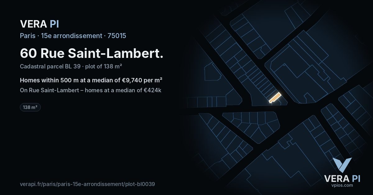 60 Rue Saint-Lambert, 15e arrondissement at night – the plot lit, the parcels around coloured by the prices near them