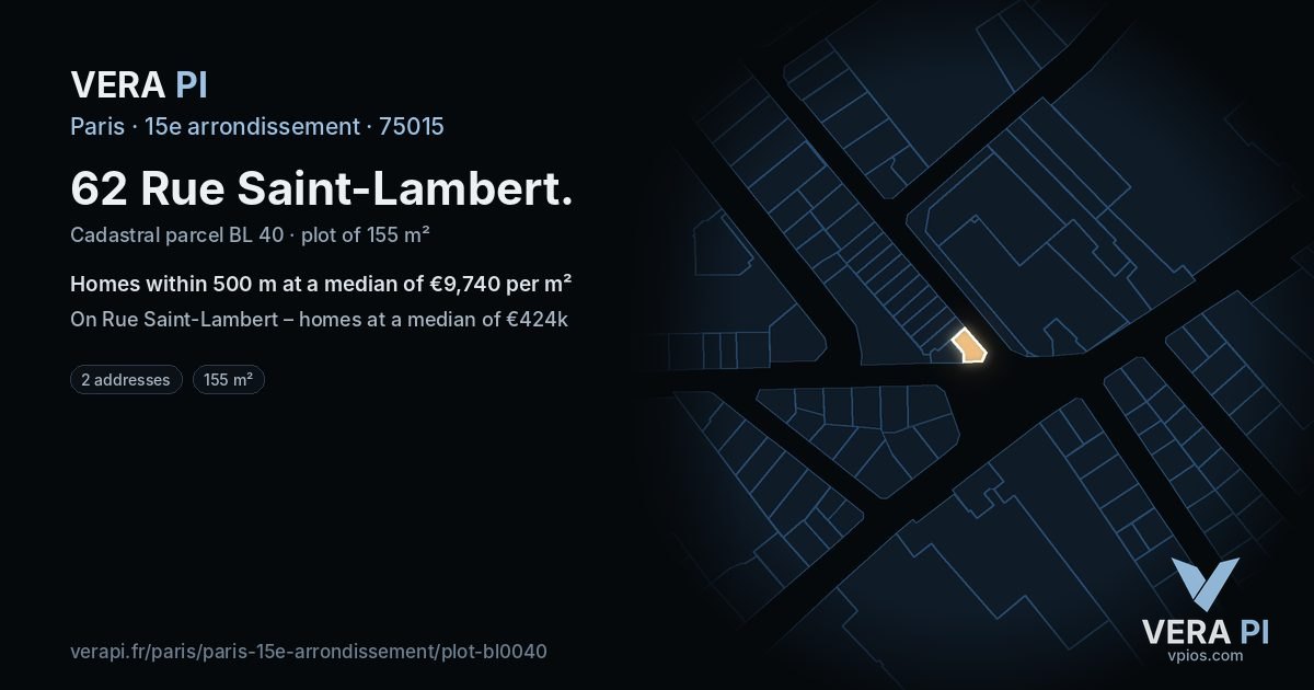 62 Rue Saint-Lambert, 15e arrondissement at night – the plot lit, the parcels around coloured by the prices near them
