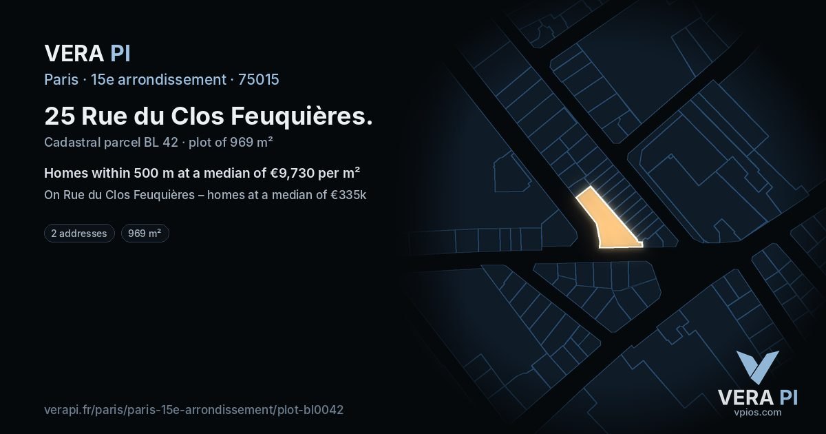 25 Rue du Clos Feuquières, 15e arrondissement at night – the plot lit, the parcels around coloured by the prices near them