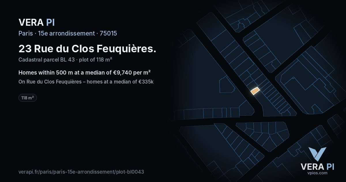 23 Rue du Clos Feuquières, 15e arrondissement at night – the plot lit, the parcels around coloured by the prices near them