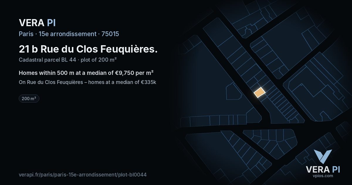 21 b Rue du Clos Feuquières, 15e arrondissement at night – the plot lit, the parcels around coloured by the prices near them
