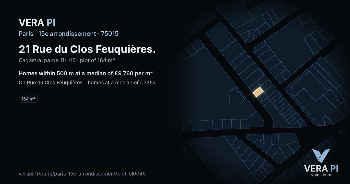 21 Rue du Clos Feuquières, 15e arrondissement at night – the plot lit, the parcels around coloured by the prices near them