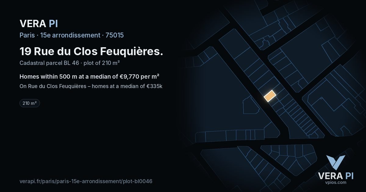 19 Rue du Clos Feuquières, 15e arrondissement at night – the plot lit, the parcels around coloured by the prices near them