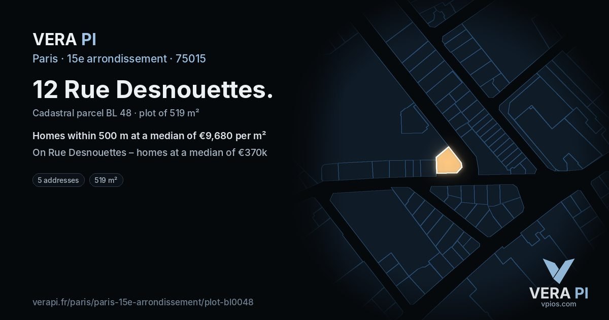 12 Rue Desnouettes, 15e arrondissement at night – the plot lit, the parcels around coloured by the prices near them