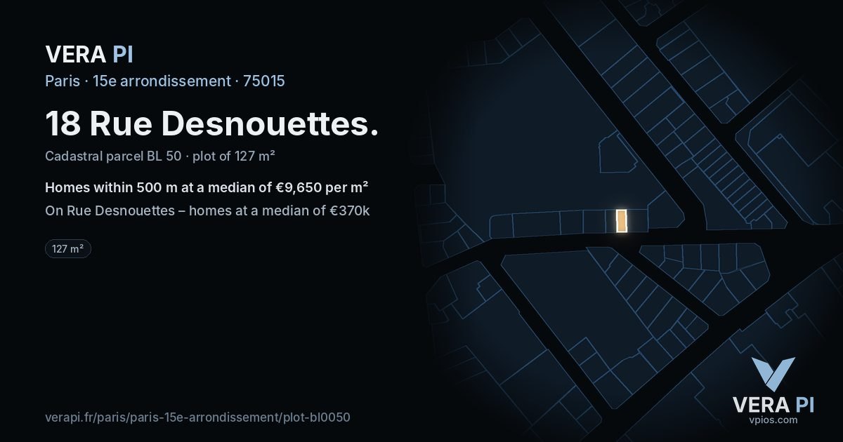 18 Rue Desnouettes, 15e arrondissement at night – the plot lit, the parcels around coloured by the prices near them
