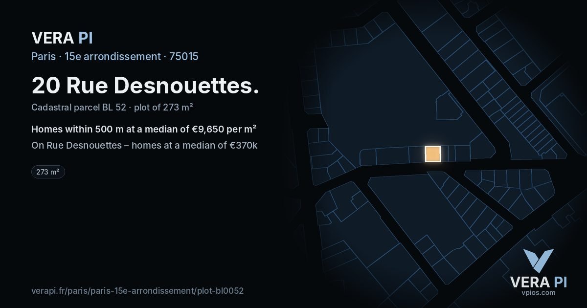 20 Rue Desnouettes, 15e arrondissement at night – the plot lit, the parcels around coloured by the prices near them