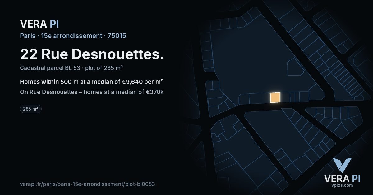22 Rue Desnouettes, 15e arrondissement at night – the plot lit, the parcels around coloured by the prices near them