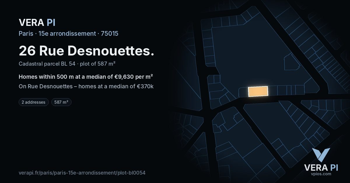 26 Rue Desnouettes, 15e arrondissement at night – the plot lit, the parcels around coloured by the prices near them