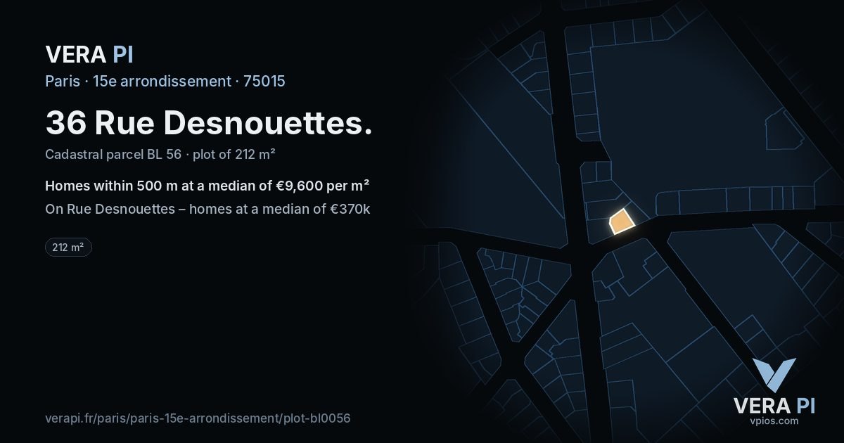 36 Rue Desnouettes, 15e arrondissement at night – the plot lit, the parcels around coloured by the prices near them