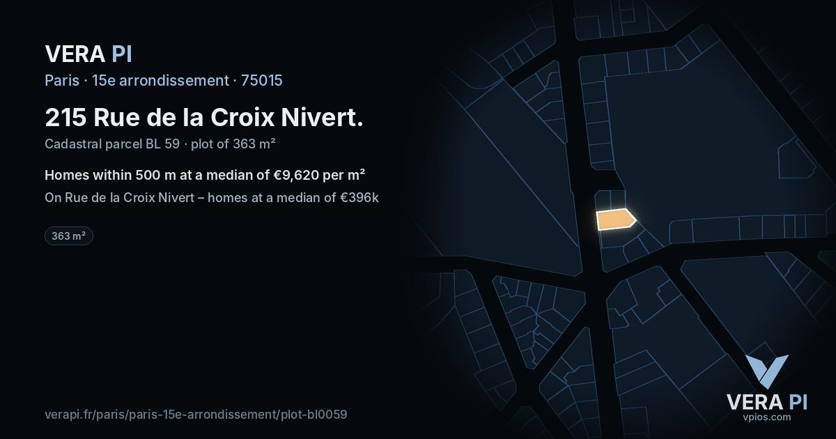 215 Rue de la Croix Nivert, 15e arrondissement at night – the plot lit, the parcels around coloured by the prices near them