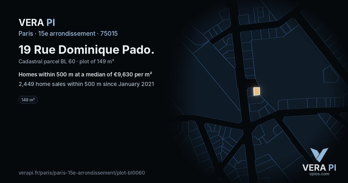 19 Rue Dominique Pado, 15e arrondissement at night – the plot lit, the parcels around coloured by the prices near them