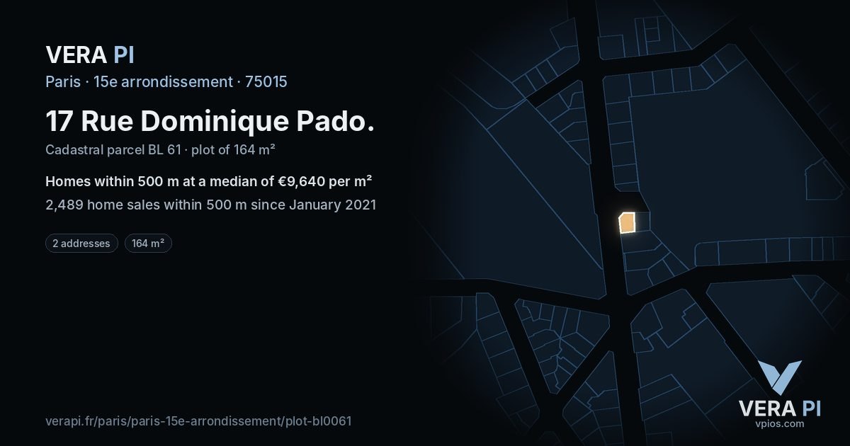 17 Rue Dominique Pado, 15e arrondissement at night – the plot lit, the parcels around coloured by the prices near them