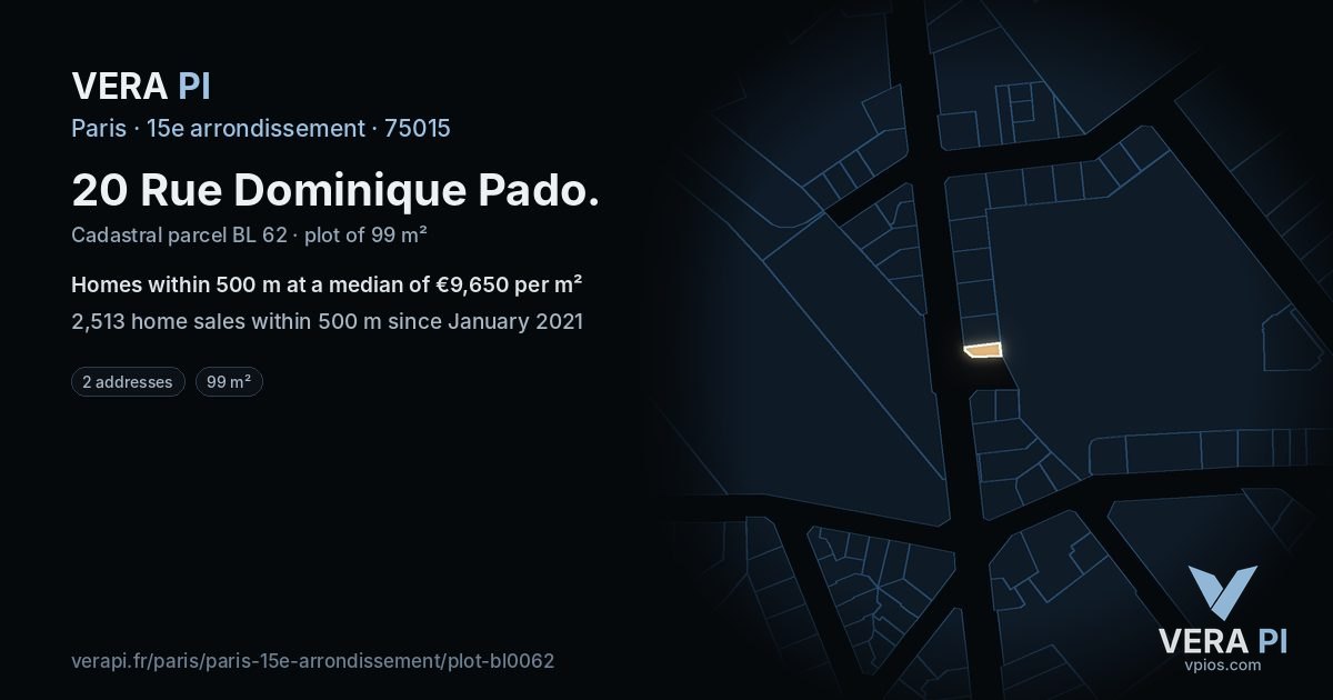 20 Rue Dominique Pado, 15e arrondissement at night – the plot lit, the parcels around coloured by the prices near them