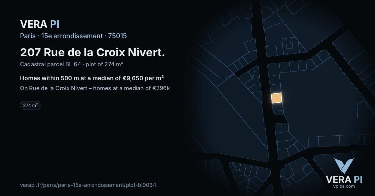 207 Rue de la Croix Nivert, 15e arrondissement at night – the plot lit, the parcels around coloured by the prices near them
