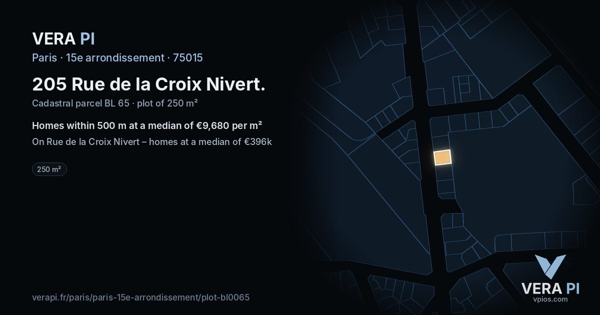 205 Rue de la Croix Nivert, 15e arrondissement at night – the plot lit, the parcels around coloured by the prices near them