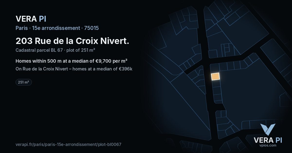 203 Rue de la Croix Nivert, 15e arrondissement at night – the plot lit, the parcels around coloured by the prices near them