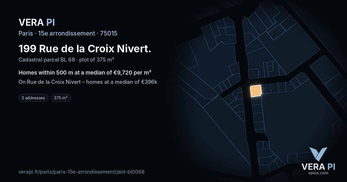 199 Rue de la Croix Nivert, 15e arrondissement at night – the plot lit, the parcels around coloured by the prices near them