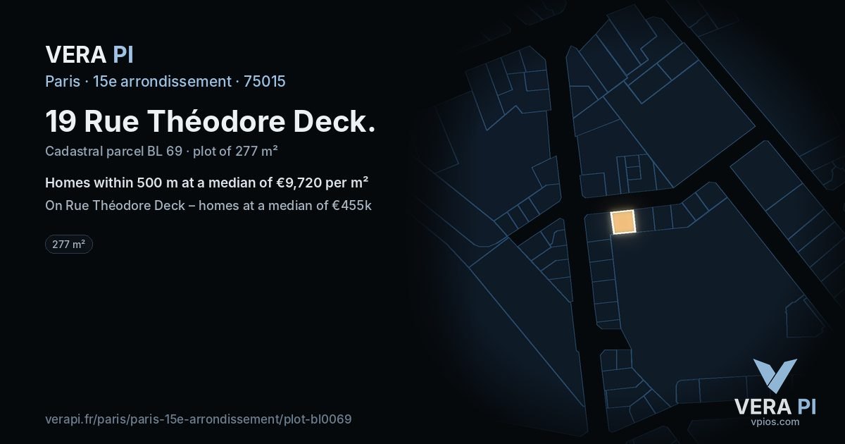 19 Rue Théodore Deck, 15e arrondissement at night – the plot lit, the parcels around coloured by the prices near them