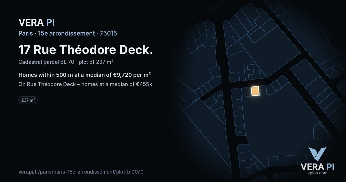 17 Rue Théodore Deck, 15e arrondissement at night – the plot lit, the parcels around coloured by the prices near them