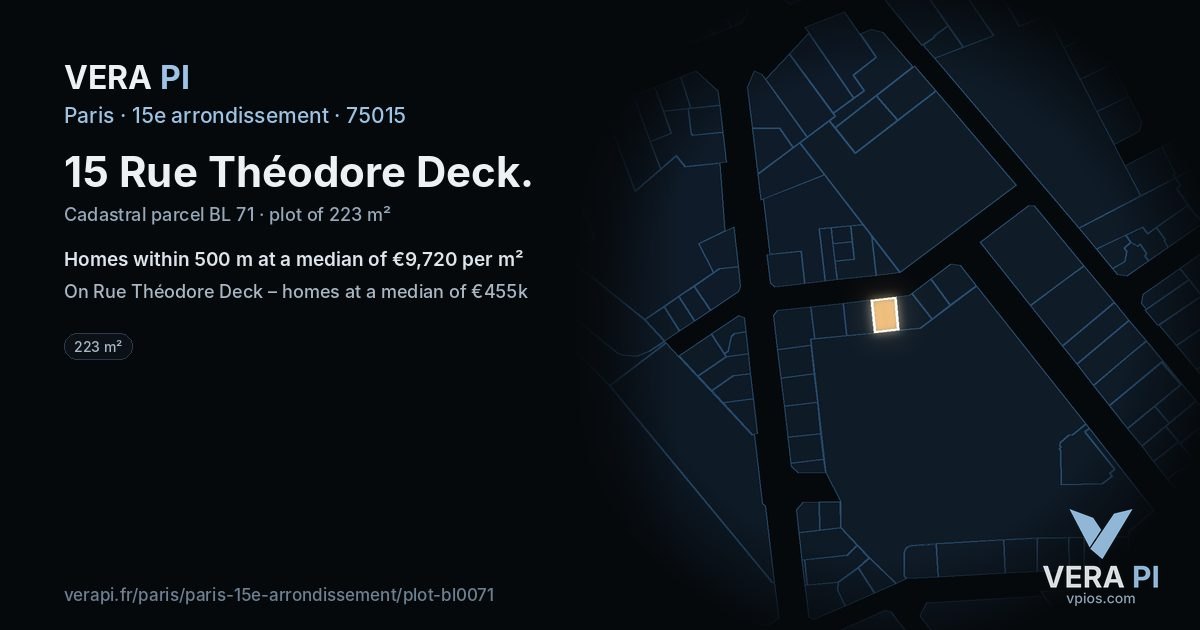 15 Rue Théodore Deck, 15e arrondissement at night – the plot lit, the parcels around coloured by the prices near them