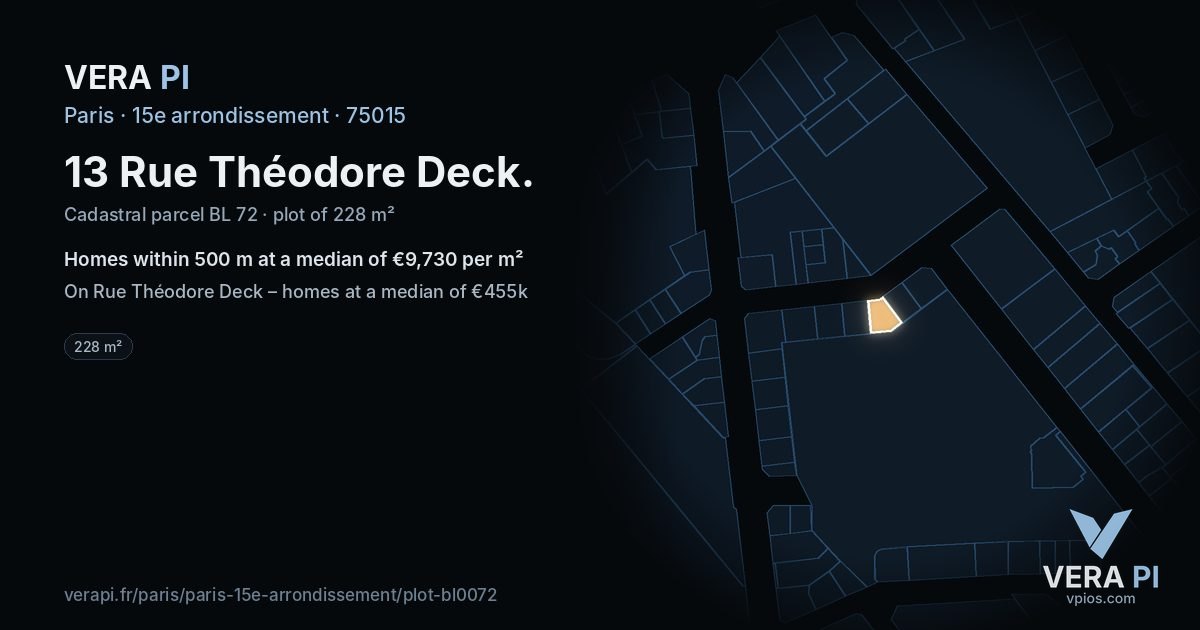 13 Rue Théodore Deck, 15e arrondissement at night – the plot lit, the parcels around coloured by the prices near them