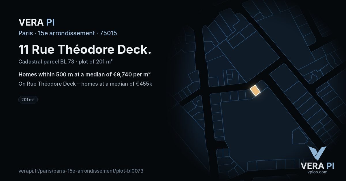 11 Rue Théodore Deck, 15e arrondissement at night – the plot lit, the parcels around coloured by the prices near them