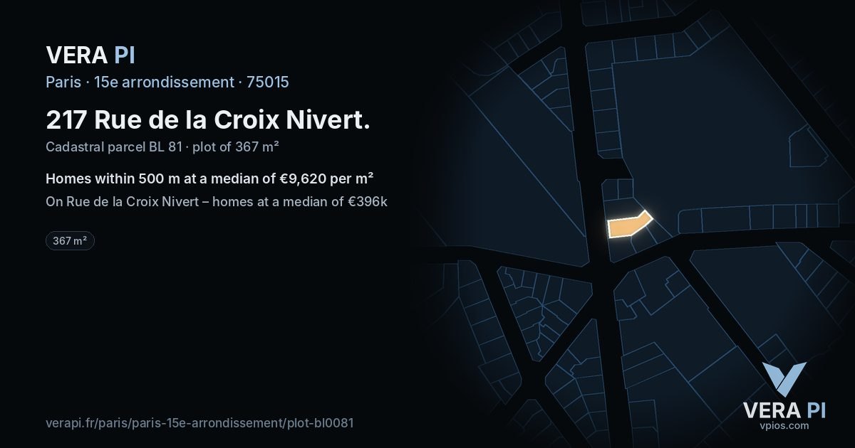 217 Rue de la Croix Nivert, 15e arrondissement at night – the plot lit, the parcels around coloured by the prices near them