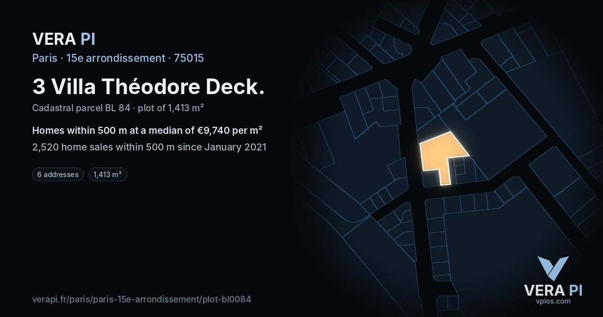 3 Villa Théodore Deck, 15e arrondissement at night – the plot lit, the parcels around coloured by the prices near them