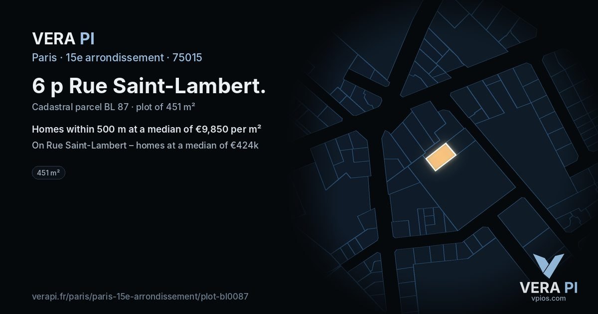 6 p Rue Saint-Lambert, 15e arrondissement at night – the plot lit, the parcels around coloured by the prices near them