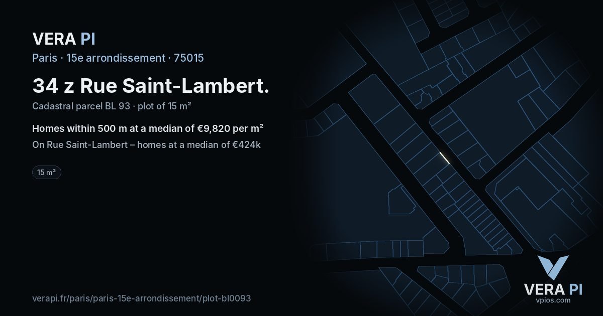 34 z Rue Saint-Lambert, 15e arrondissement at night – the plot lit, the parcels around coloured by the prices near them