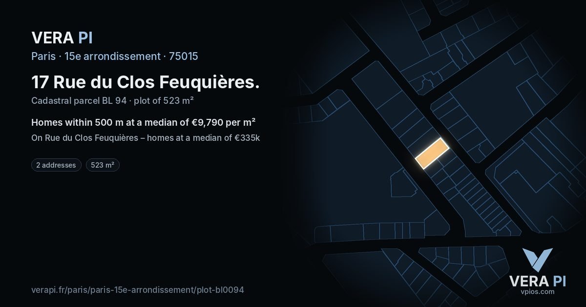 17 Rue du Clos Feuquières, 15e arrondissement at night – the plot lit, the parcels around coloured by the prices near them