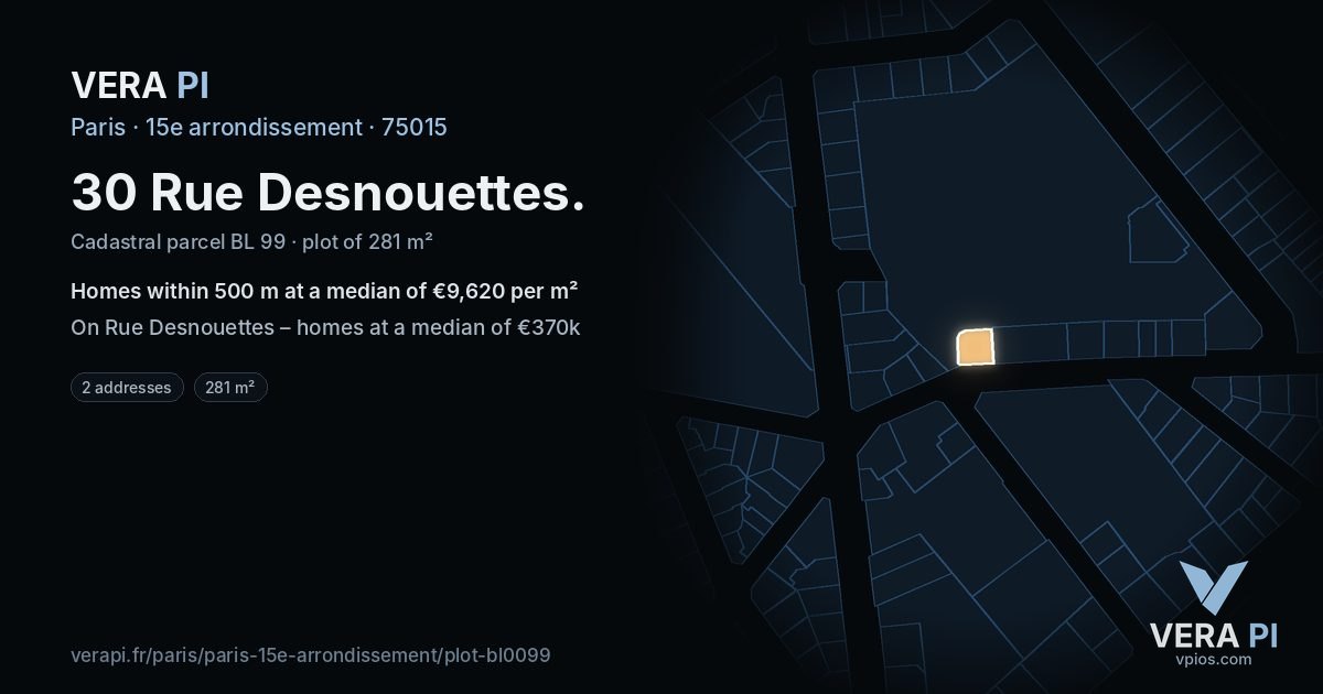30 Rue Desnouettes, 15e arrondissement at night – the plot lit, the parcels around coloured by the prices near them