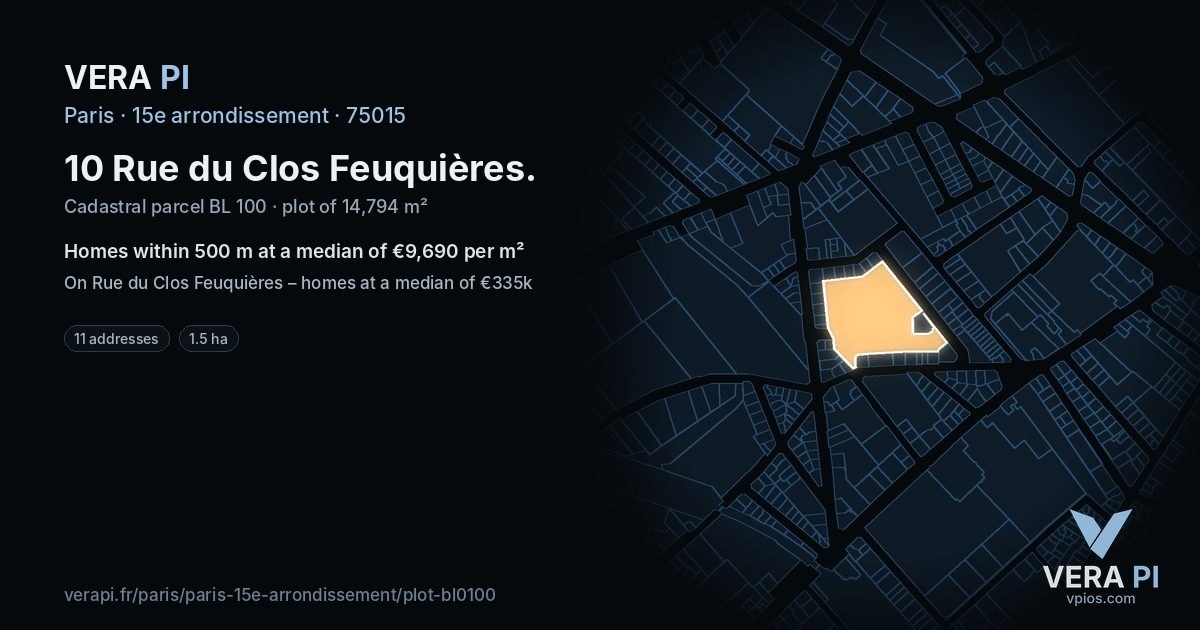 10 Rue du Clos Feuquières, 15e arrondissement at night – the plot lit, the parcels around coloured by the prices near them