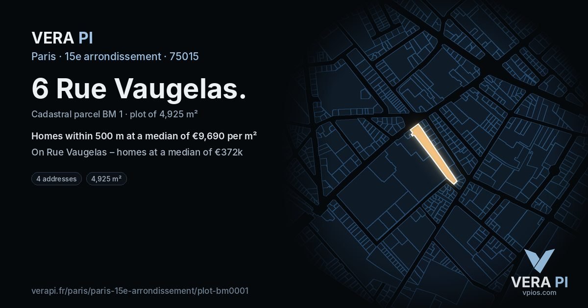 6 Rue Vaugelas, 15e arrondissement at night – the plot lit, the parcels around coloured by the prices near them