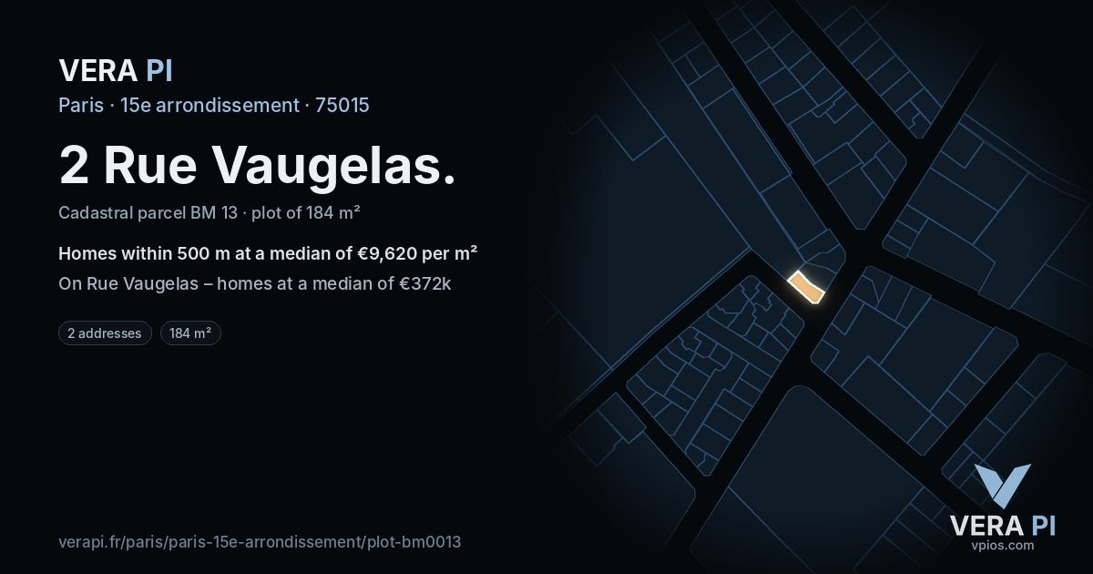 2 Rue Vaugelas, 15e arrondissement at night – the plot lit, the parcels around coloured by the prices near them