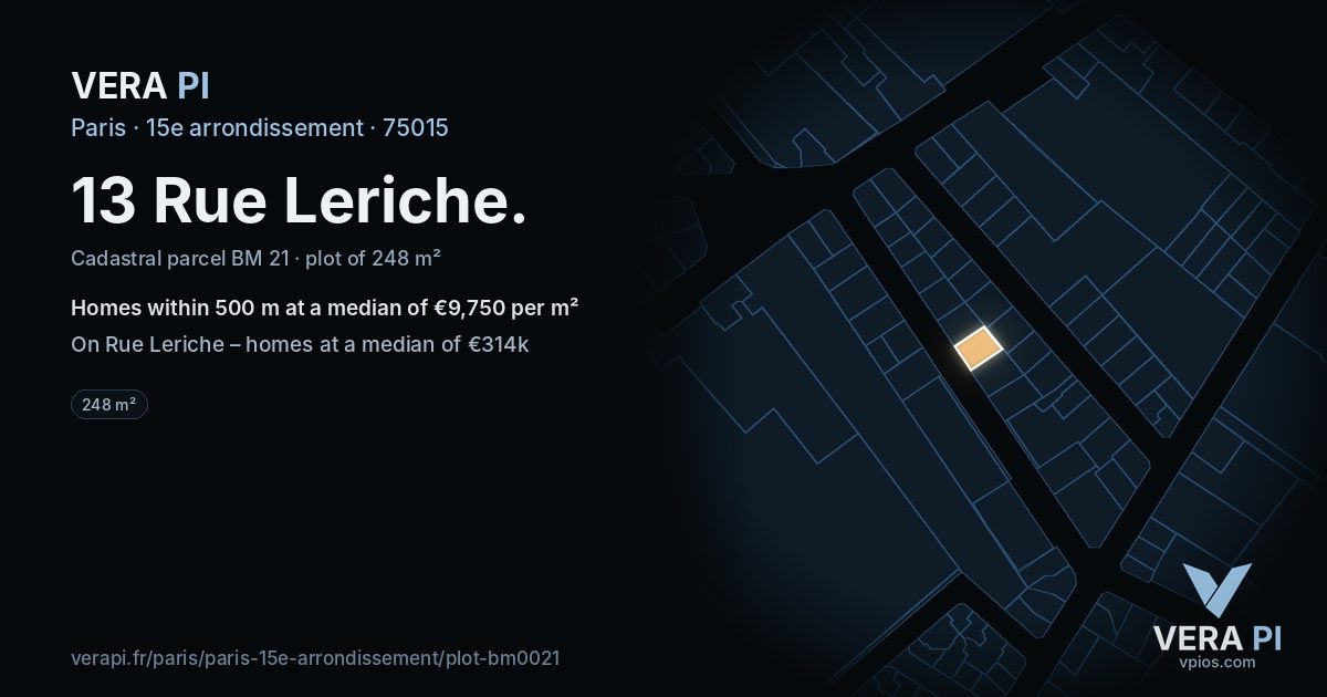 13 Rue Leriche, 15e arrondissement at night – the plot lit, the parcels around coloured by the prices near them