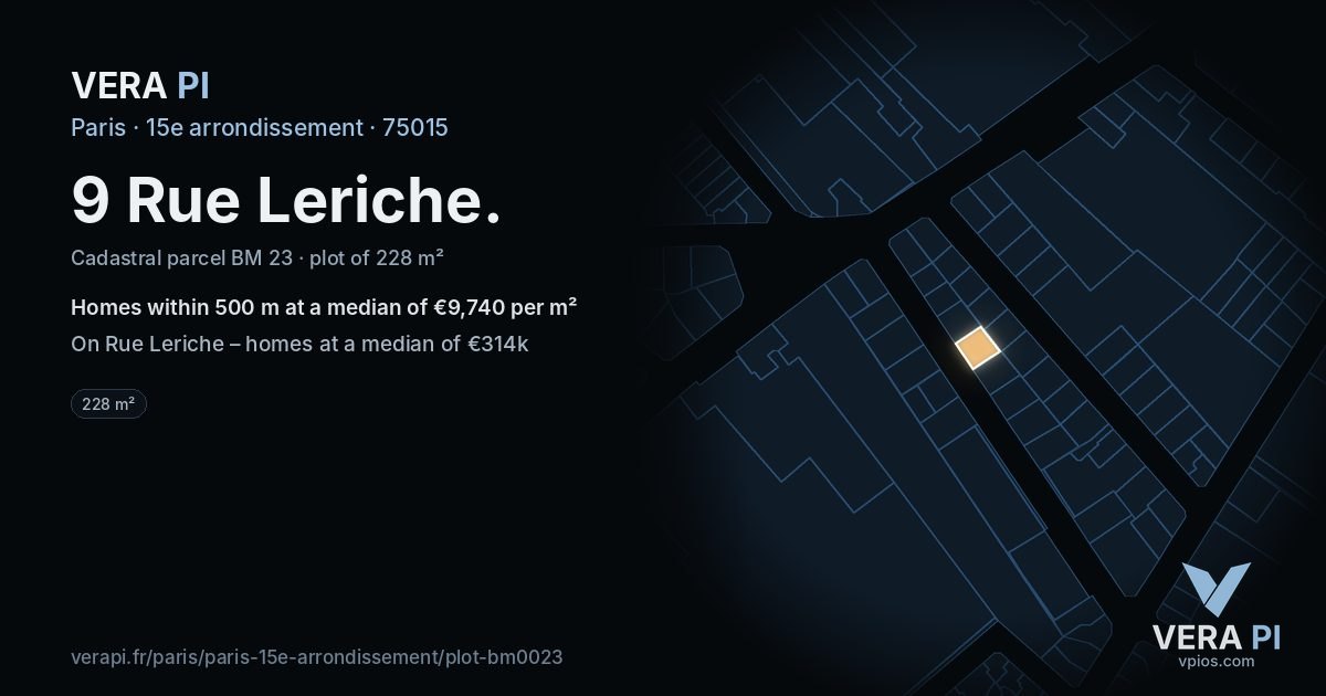 9 Rue Leriche, 15e arrondissement at night – the plot lit, the parcels around coloured by the prices near them