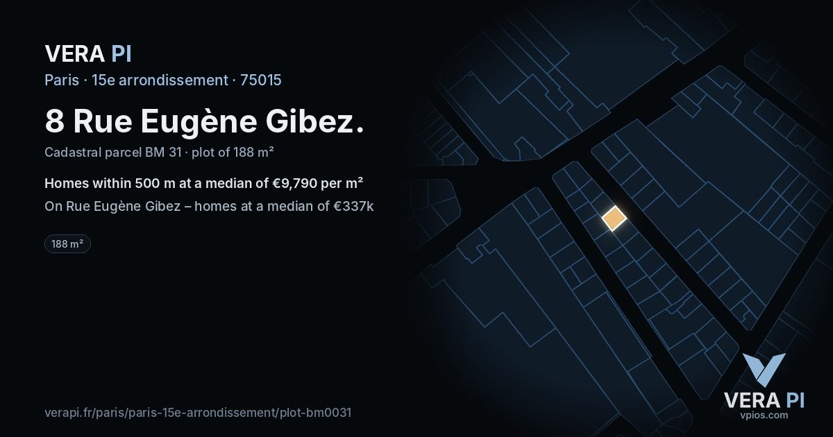 8 Rue Eugène Gibez, 15e arrondissement at night – the plot lit, the parcels around coloured by the prices near them