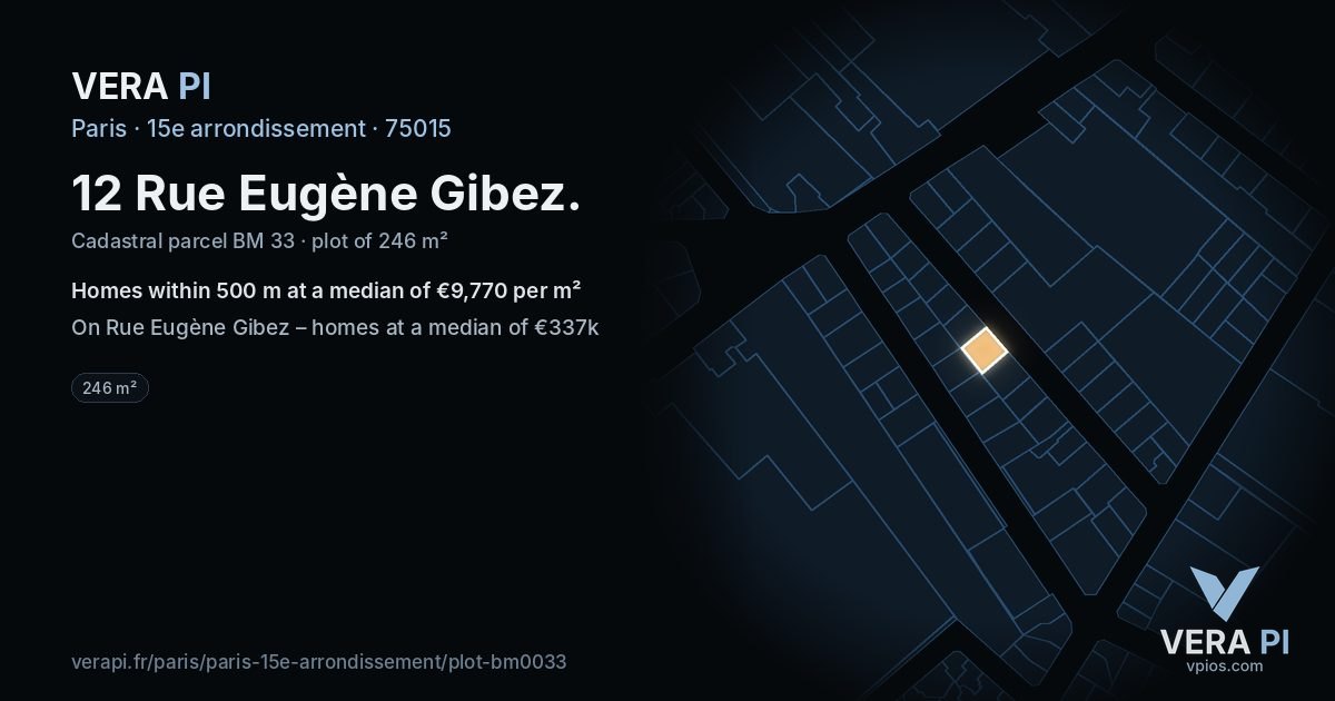 12 Rue Eugène Gibez, 15e arrondissement at night – the plot lit, the parcels around coloured by the prices near them