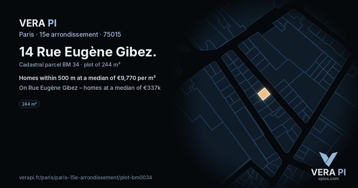 14 Rue Eugène Gibez, 15e arrondissement at night – the plot lit, the parcels around coloured by the prices near them