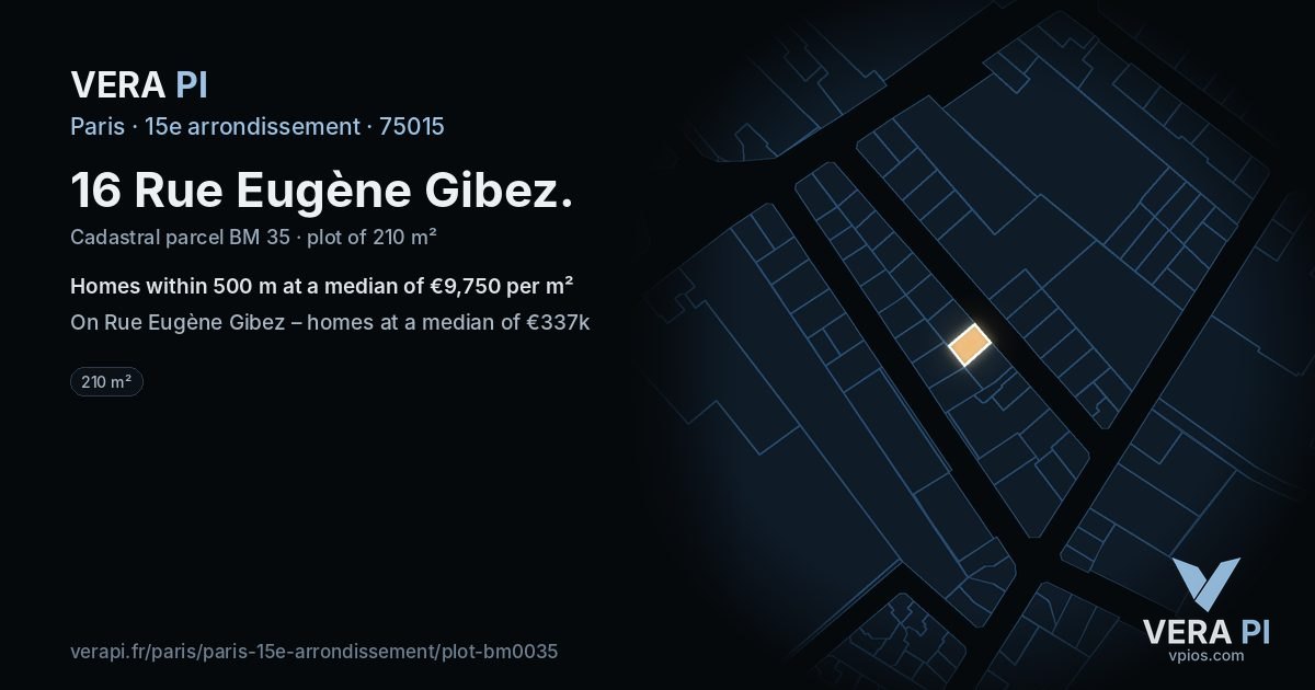 16 Rue Eugène Gibez, 15e arrondissement at night – the plot lit, the parcels around coloured by the prices near them