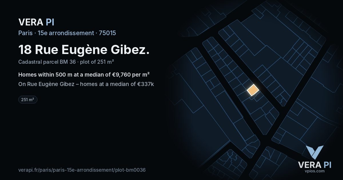 18 Rue Eugène Gibez, 15e arrondissement at night – the plot lit, the parcels around coloured by the prices near them