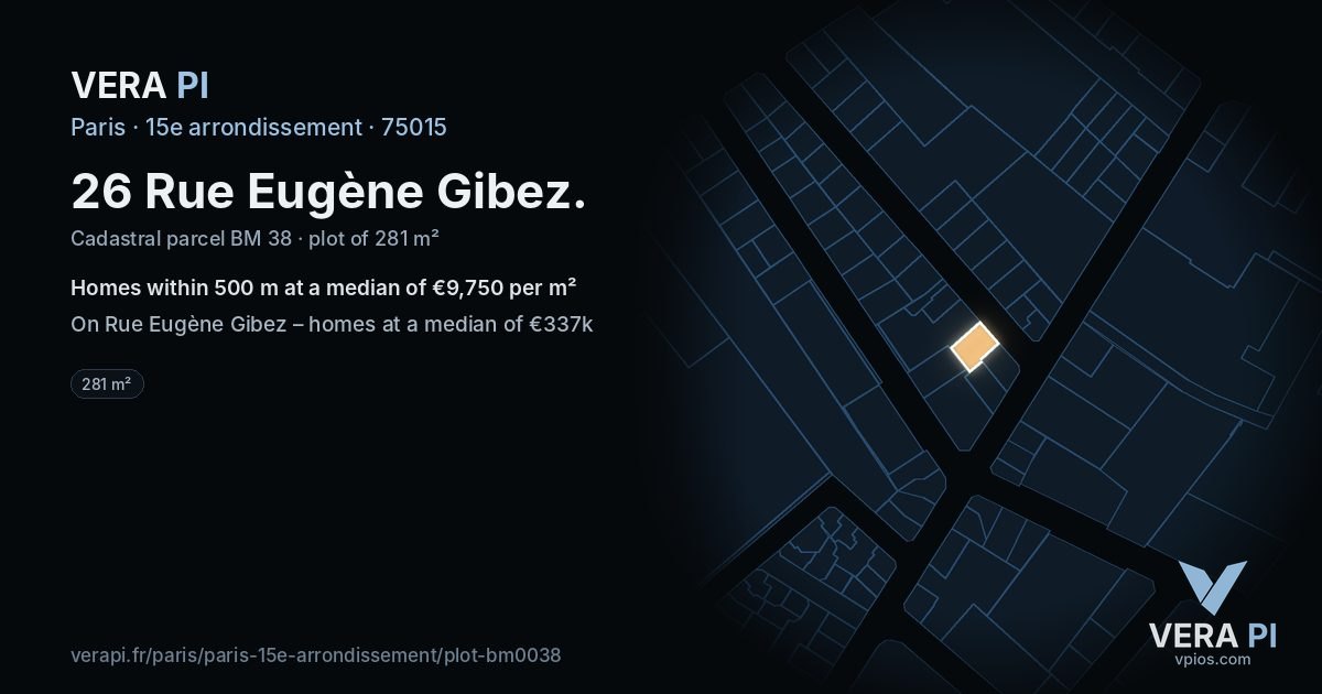 26 Rue Eugène Gibez, 15e arrondissement at night – the plot lit, the parcels around coloured by the prices near them